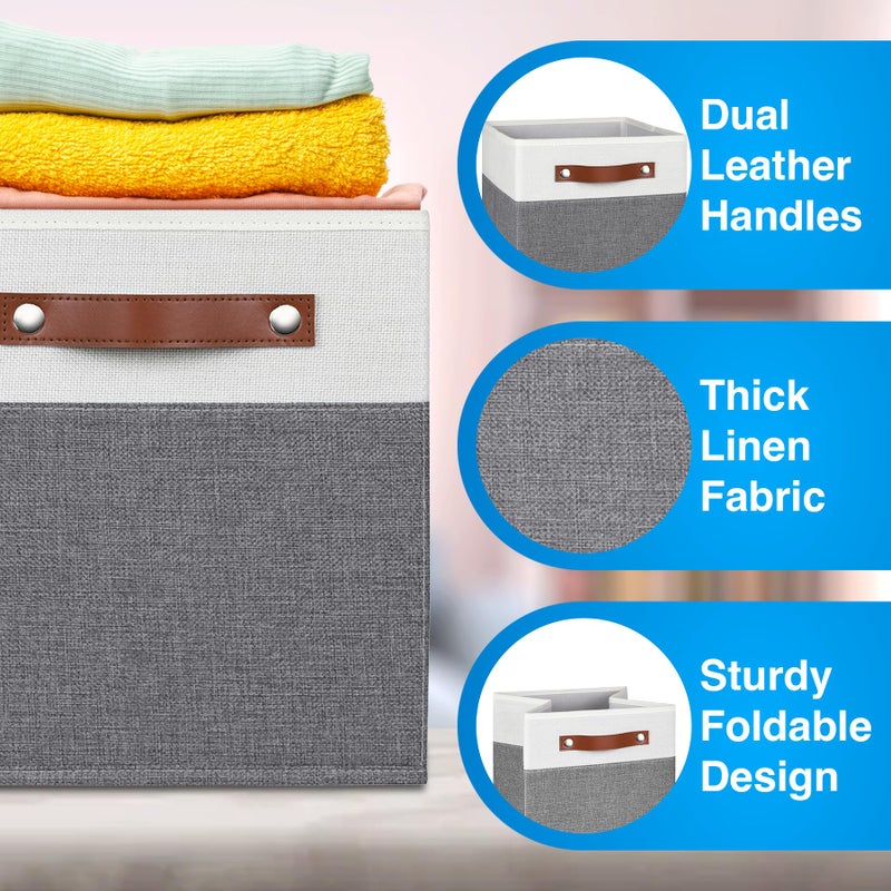 Pomatree 11 Inch Cube Storage Bin - 6 Pack - Linen Fabric Cubby Storage Bins for Bedroom  Living Room  Clothes and Toys  Shelves and Closet Organizer; Foldable  Dual Leather Handles (White & Grey) - Image 4