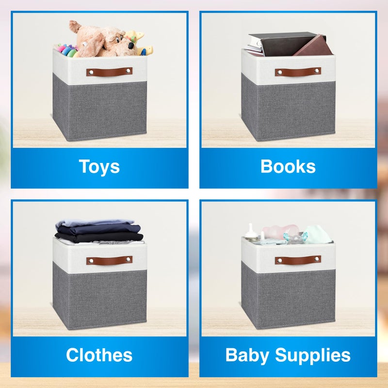 Pomatree 11 Inch Cube Storage Bin - 6 Pack - Linen Fabric Cubby Storage Bins for Bedroom  Living Room  Clothes and Toys  Shelves and Closet Organizer; Foldable  Dual Leather Handles (White & Grey) - Image 5