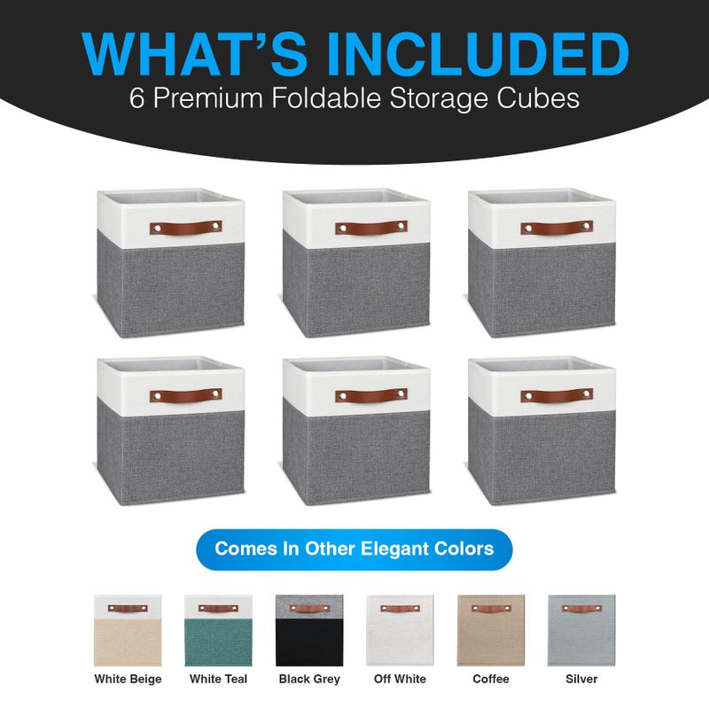 Pomatree 11 Inch Cube Storage Bin - 6 Pack - Linen Fabric Cubby Storage Bins for Bedroom  Living Room  Clothes and Toys  Shelves and Closet Organizer; Foldable  Dual Leather Handles (White & Grey) - Image 2