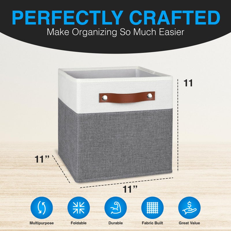 Pomatree 11 Inch Cube Storage Bin - 6 Pack - Linen Fabric Cubby Storage Bins for Bedroom  Living Room  Clothes and Toys  Shelves and Closet Organizer; Foldable  Dual Leather Handles (White & Grey) - Image 3