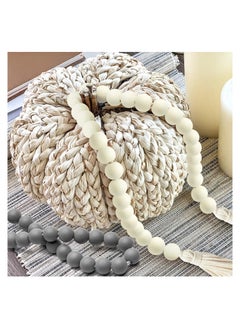 KASTWAVE 3 Pcs Classic Wood Beads Tassel, 27 Inch Wood Bead Farmhouse Rustic Beads with Jute Rope Plaid Tassel Natural Wood Beads for Morden Farmhouse Boho Decor, Big Wall Hanging Decor  - Image 4