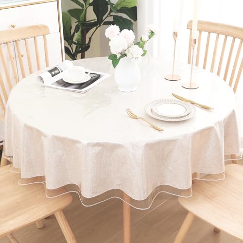 Moosfor Clear Plastic Table Cloth 2 Pack 60 Inch Waterproof Wipeable Vinyl Tablecloths for Round Table Oil Spill Proof Transparent Tablecloth Protector for Dining Picnic Camping Parties