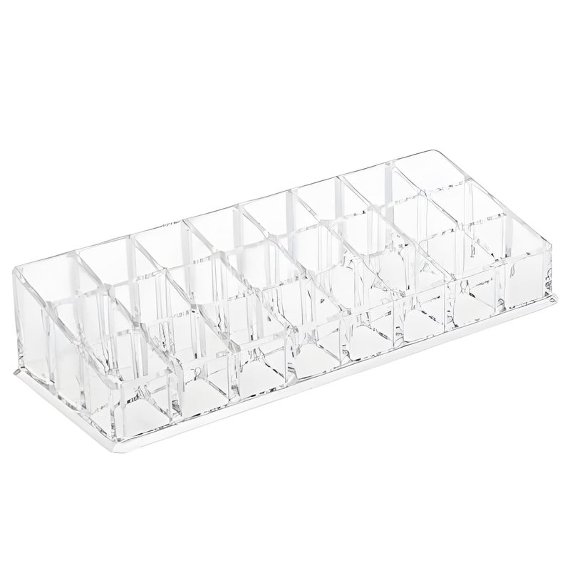 NFI essentials Clear Acrylic Lipstick & Cosmetic Organizer – 24 Slot Rectangular Makeup Storage Holder for Lipsticks, Lip Gloss & Small Items – Transparent Plastic Stand