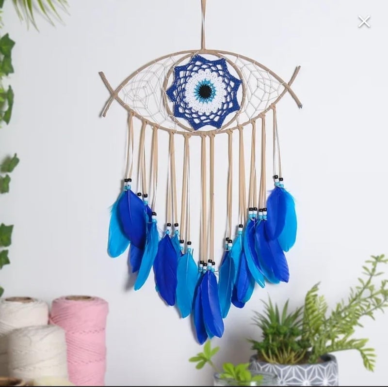 Generic Handmade Eye Dream Catcher, Blue Feathers with Crochet Centre, Boho Wall Hanging Decoration, 30 cm (blue)