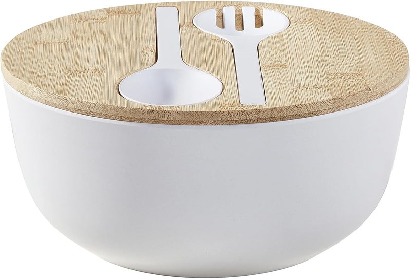 ECOWAY Bamboo Fiber Salad Bowl Set with Lid  Servers 4Qt Large Serving Bowl with Bamboo Lid 130OZ Mixing Bowl with Spoon Fork for Salad Fruits Vegetables and Pasta White 98inch  - Image 1