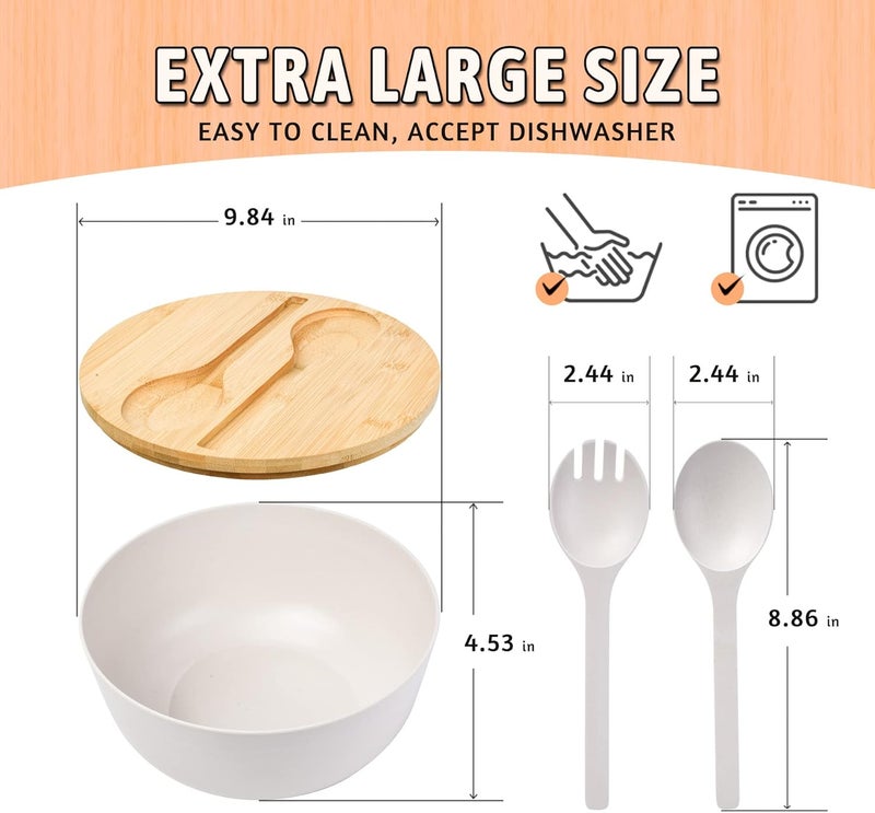 ECOWAY Bamboo Fiber Salad Bowl Set with Lid  Servers 4Qt Large Serving Bowl with Bamboo Lid 130OZ Mixing Bowl with Spoon Fork for Salad Fruits Vegetables and Pasta White 98inch  - Image 3