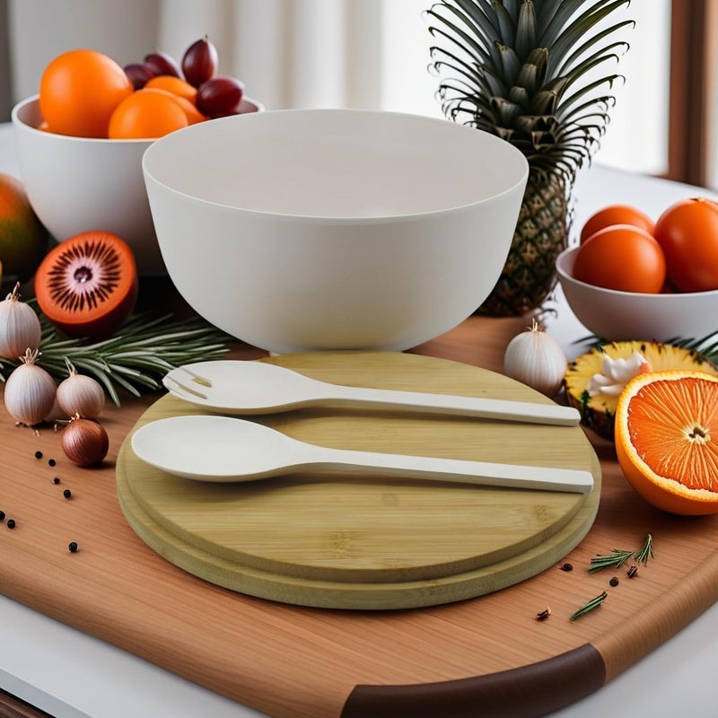 ECOWAY Bamboo Fiber Salad Bowl Set with Lid  Servers 4Qt Large Serving Bowl with Bamboo Lid 130OZ Mixing Bowl with Spoon Fork for Salad Fruits Vegetables and Pasta White 98inch  - Image 5