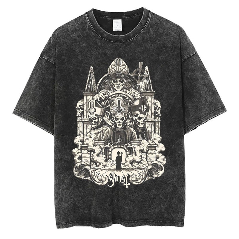 T-Shirt T-Shirt Band Station Gothic Comfortable Washed Men And Women Loose Ghost 2025 Independent Retro New Style - Image 1