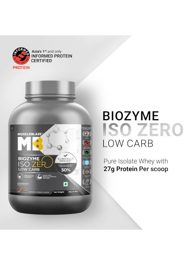 مسل بلايز MuscleBlaze Biozyme Iso-Zero، مسحوق بروتين مصل اللبن المعزول (Whey Isolate) منخفض الكربوهيدرات، بنكهة الكوكيز والكريمة (2 كجم / 4.4 رطل) | 27 جم من بروتين مصل اللبن المعزول في كل مكيال | تركيبة معززة للامتصاص (EAF) حاصلة على براءة اختراع من الولايات المتحدة الأمريكية - Image 2