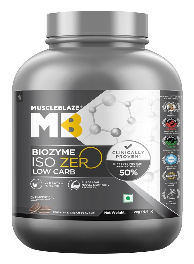 مسل بلايز MuscleBlaze Biozyme Iso-Zero، مسحوق بروتين مصل اللبن المعزول (Whey Isolate) منخفض الكربوهيدرات، بنكهة الكوكيز والكريمة (2 كجم / 4.4 رطل) | 27 جم من بروتين مصل اللبن المعزول في كل مكيال | تركيبة معززة للامتصاص (EAF) حاصلة على براءة اختراع من الولايات المتحدة الأمريكية - Image 1