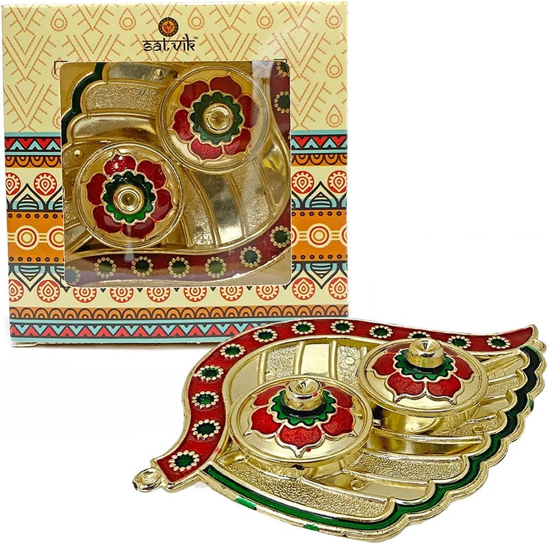 SATVIK STORE SATVIK 1 Pc Golden Decorative Designer Roli Chawal/Rice Holder, Akshata Kumkum Haldi Holder Indian Festival Rakhi Pooja Thali Diwali Pujan Puja Mandir Tika Platter Housewarming Gifts Items - Image 2