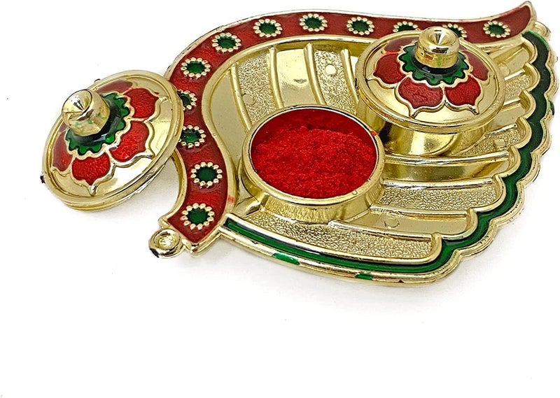 SATVIK STORE SATVIK 1 Pc Golden Decorative Designer Roli Chawal/Rice Holder, Akshata Kumkum Haldi Holder Indian Festival Rakhi Pooja Thali Diwali Pujan Puja Mandir Tika Platter Housewarming Gifts Items - Image 4