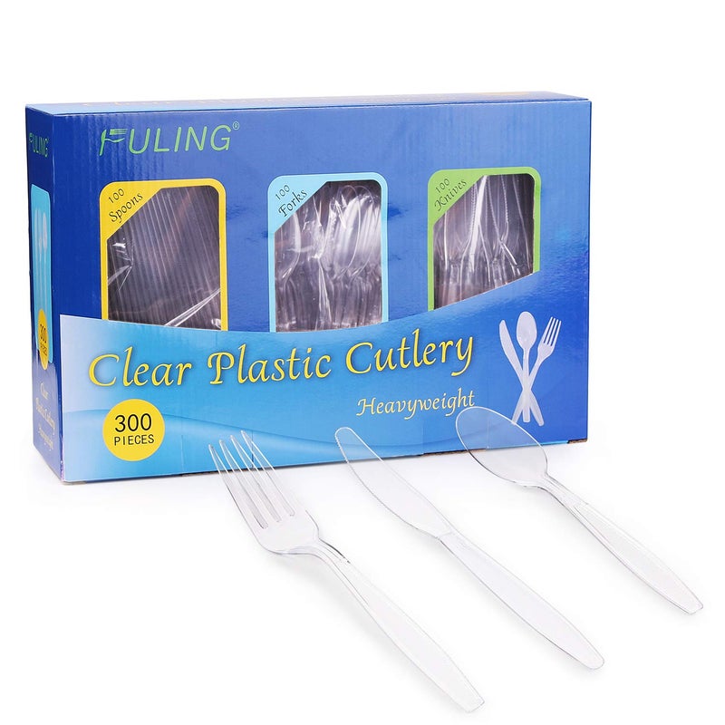 FULING 300pcs Clear Plastic Cutlery Set Disposable Plastic Knives and Silverware Set  Heavyweight Reusable Utensils100 forks 100 spoons 100 knives