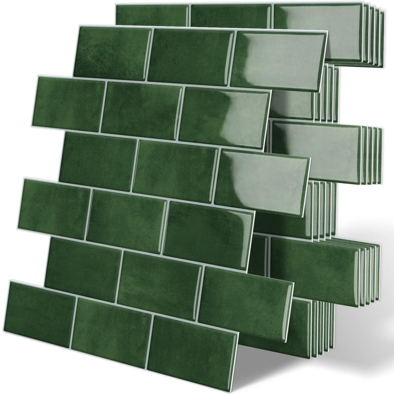 Tiwoos Thick Green Peel and Stick Backsplash Subway Tile 3D Brick Self Adhesvie Wall Tiles for Kitchen Bathroom (10-Sheet, 12"Ã—12") - Image 1