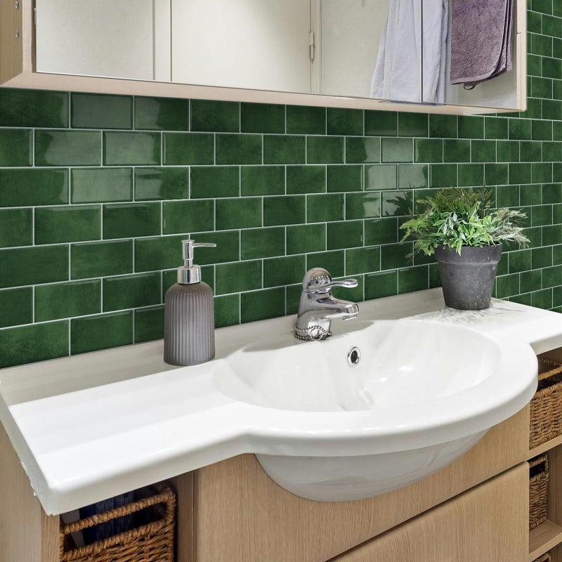 Tiwoos Thick Green Peel and Stick Backsplash Subway Tile 3D Brick Self Adhesvie Wall Tiles for Kitchen Bathroom (10-Sheet, 12"Ã—12") - Image 4