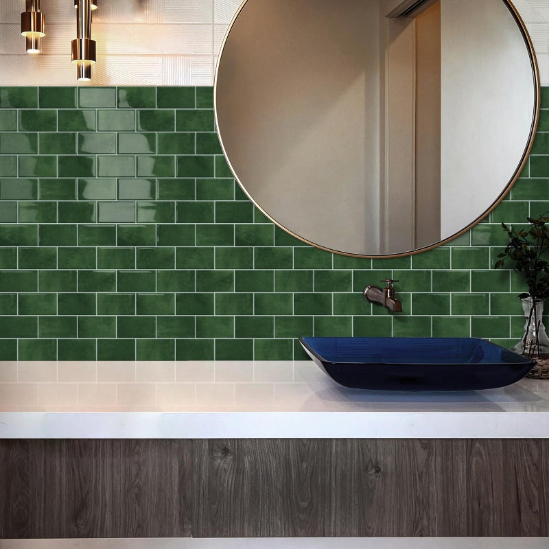 Tiwoos Thick Green Peel and Stick Backsplash Subway Tile 3D Brick Self Adhesvie Wall Tiles for Kitchen Bathroom (10-Sheet, 12"Ã—12") - Image 3