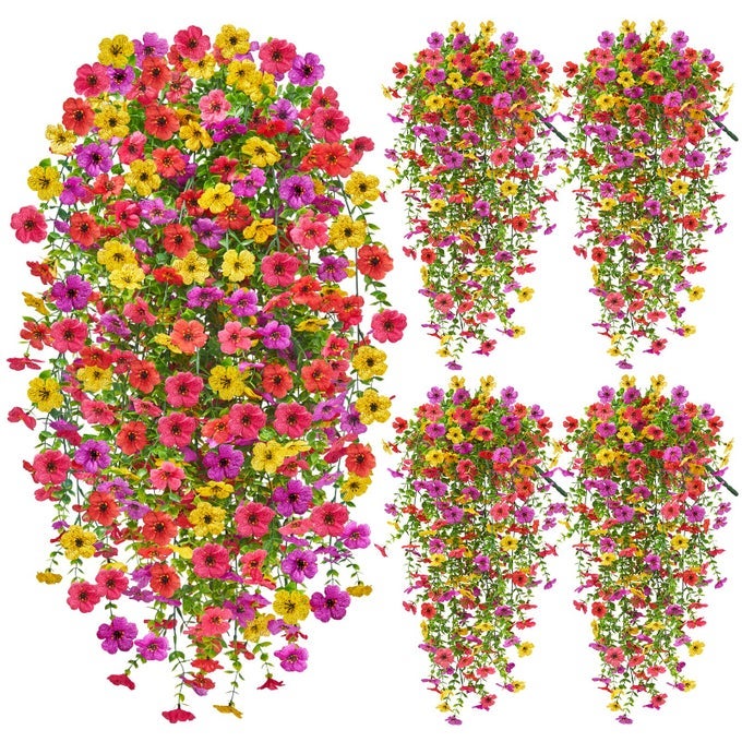 Artificial Hanging Flowers for Outdoors Summer Decoration 4PCS Upgrade UV Resistant Faux Silk Hanging Plants for Outside Garden Porch Window Home Decor Summer Color 4PCS