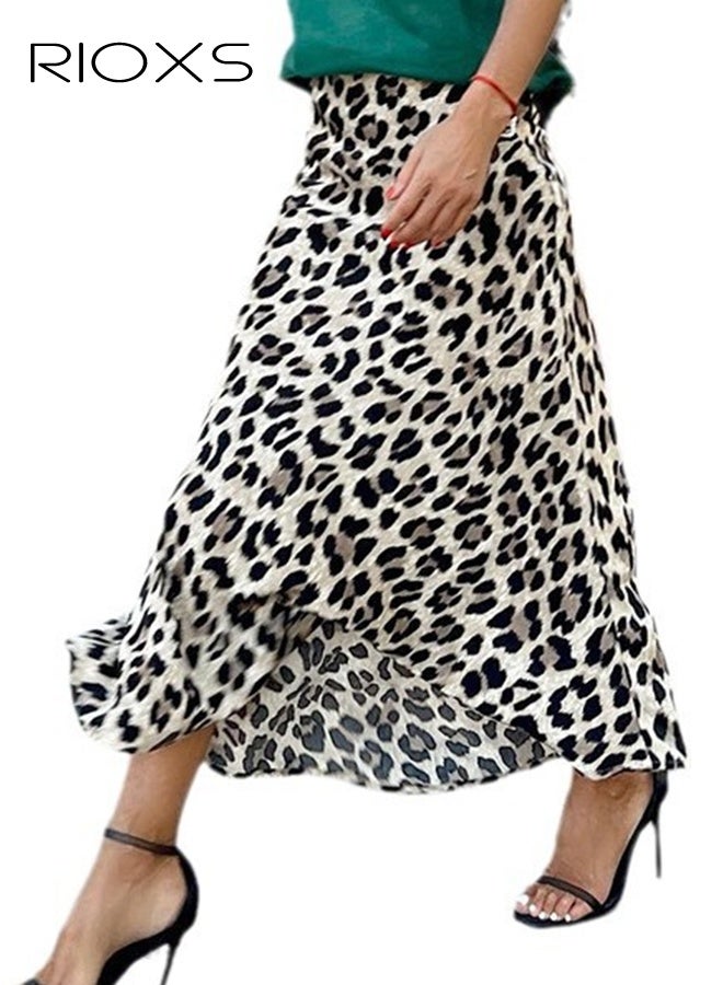 ريوكس تنورة ماكسي بطبعة جلد النمر للنساء، تنورة كاجوال بخصر عالٍ مطاطي للسيدات، تنورة كاجوال بطول الكاحل بطبعة جلد الفهد لفصلي الربيع والخريف، تنورة متدفقة بطبعة حيوانات للتسوق في الشارع، العطلات، الملابس اليومية، الشاطئ، الحفلات والمزيد - Image 1