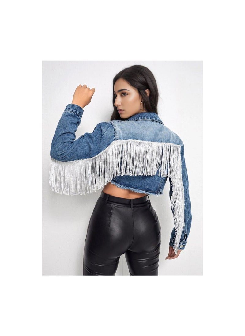 Loquat - Squality Leisure Tassels Denim Short Jacket Women Dark Blue - Image 1