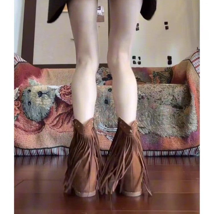 2025 Fashion Internet Popular Velvet Leather Short Boots Tassel Clip Foot Open Toe Side Zipper Heightened Roman Cool Boots - Image 3