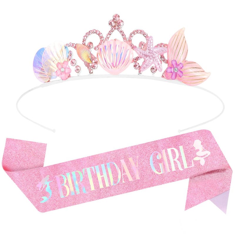 AOPRIE Birthday Girl Headbands & Sash for Women & Girls - Mermaid, Birthday Tiara & Crowns - Pink, 2 Pack - Image 1