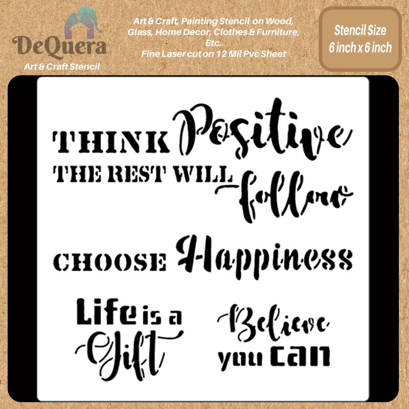 DEQUERA DeQuera Quotes Stencils for Wall Painting Think Positive Word Stencils for Painting Reusable Stencils for Wall Painting Home Decor Word Stencils Size 6 x 6 Inch Pack of 1 DQL1268