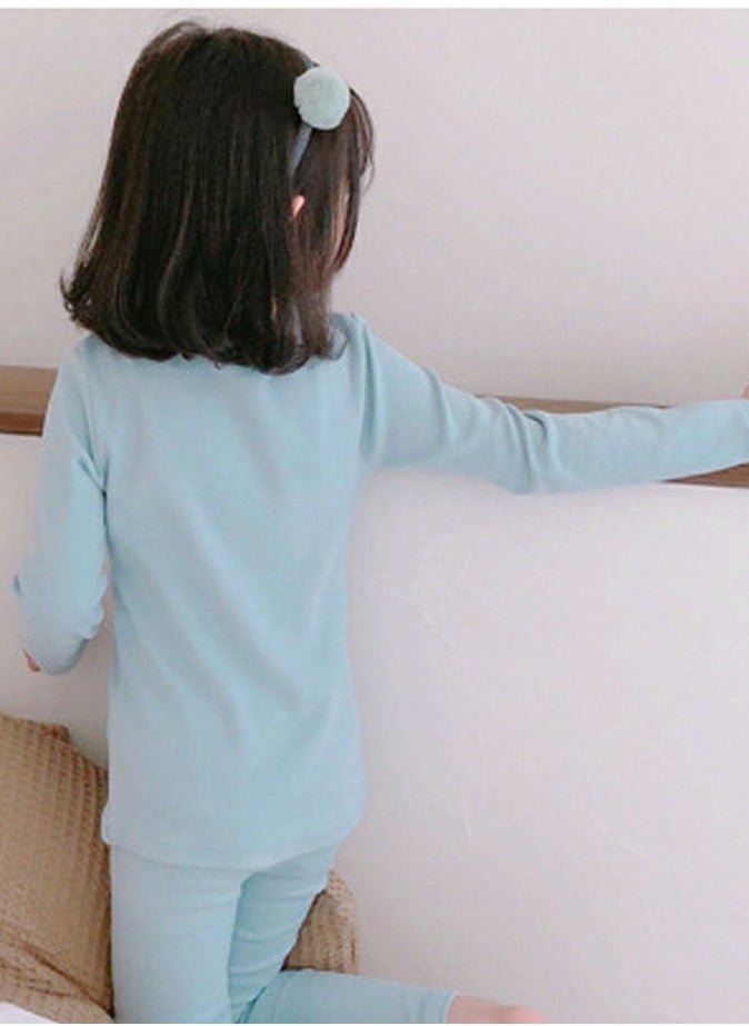 Loquat - Kids Solid Color Thermal Underwear Set Cotton Soft Long Johns Base Layer Top & Bottom Children's Pajama Set Greyish Blue - Image 1