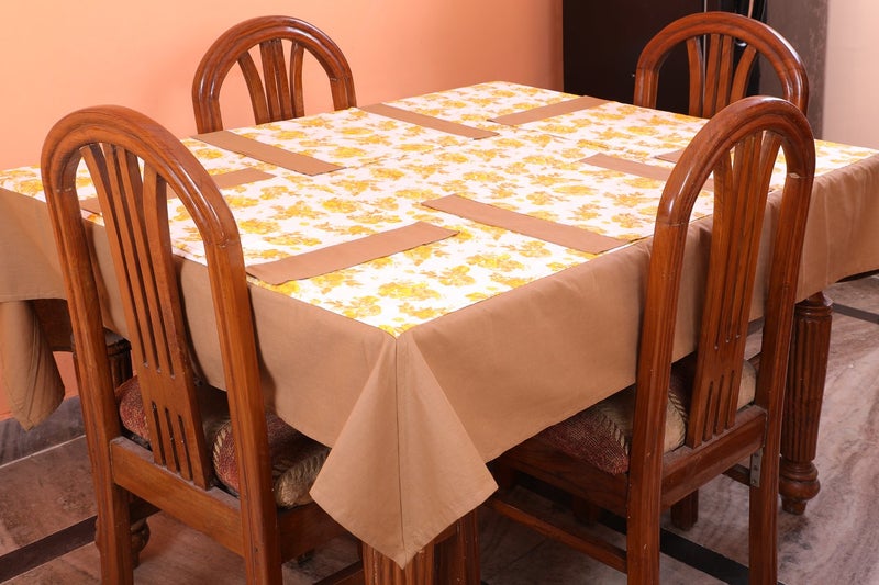 Dekor World Floral Printed Yellow Table Cover with Place Mat (Pack of 5) - Image 1