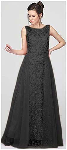 PATLANI Women's Net Embroidery Aline-Flered Gown Dress for Women Full Stitched Gown Ready to wear.(All Over-Black-XL) - Image 5