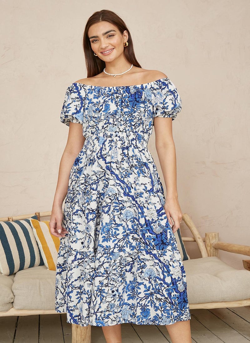 Yumi - Blue Floral Ruched Waist Gypsy Dress - Image 1