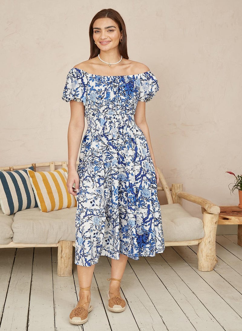 Yumi - Blue Floral Ruched Waist Gypsy Dress - Image 1