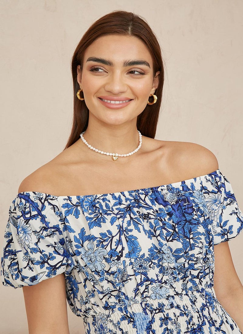 Yumi - Blue Floral Ruched Waist Gypsy Dress - Image 1