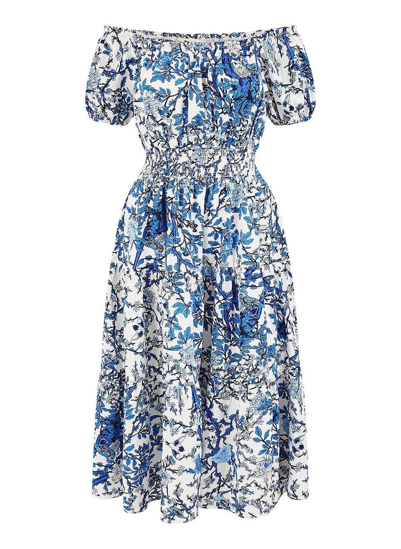 Yumi - Blue Floral Ruched Waist Gypsy Dress - Image 1