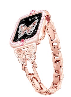 Band Compatible with Apple Watch 42mm 44mm 45mm, Lightweight for Women, Easy Adjustable Bracelet, Shiny Diamond on Butterfly, Jewelry Metal Strap for iWatch Series 7 6 5 4 3 2 1 SE(Rose Gold)