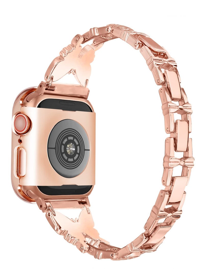 KASTWAVE - Band Compatible with Apple Watch 42mm 44mm 45mm, Lightweight for Women, Easy Adjustable Bracelet, Shiny Diamond on Butterfly, Jewelry Metal Strap for iWatch Series 7 6 5 4 3 2 1 SE(Rose Gold) - Image 1