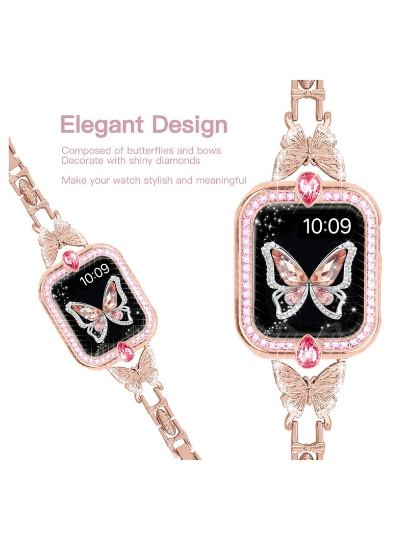 KASTWAVE - Band Compatible with Apple Watch 42mm 44mm 45mm, Lightweight for Women, Easy Adjustable Bracelet, Shiny Diamond on Butterfly, Jewelry Metal Strap for iWatch Series 7 6 5 4 3 2 1 SE(Rose Gold) - Image 1