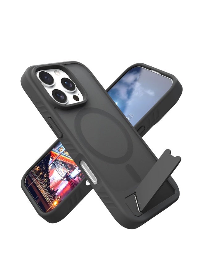 Astralxipher Strong Magnetic Shockproof iPhone 16pro Case - Frosted Black Semi-Transparent Back | Hidden Stand (Horizontal/Vertical) + Anti-Slip Grip - Image 1