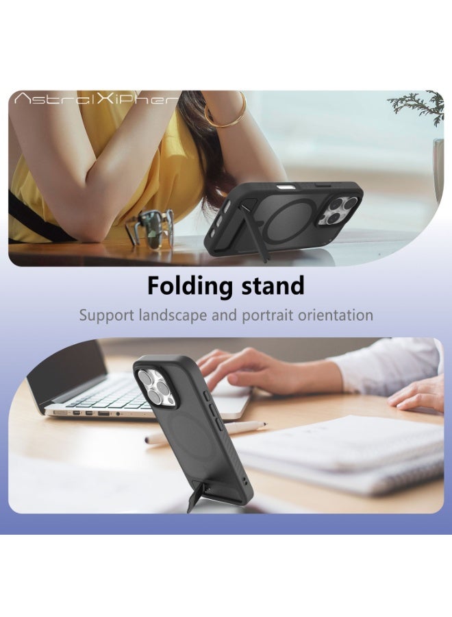 Astralxipher Strong Magnetic Shockproof iPhone 16pro Case - Frosted Black Semi-Transparent Back | Hidden Stand (Horizontal/Vertical) + Anti-Slip Grip - Image 2