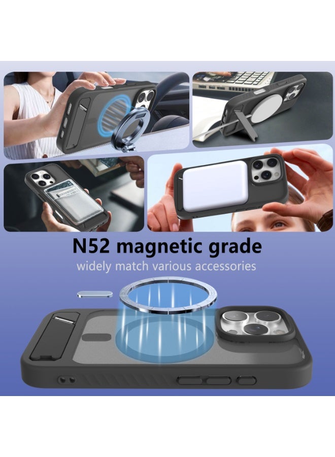 Astralxipher Strong Magnetic Shockproof iPhone 16pro Case - Frosted Black Semi-Transparent Back | Hidden Stand (Horizontal/Vertical) + Anti-Slip Grip - Image 3