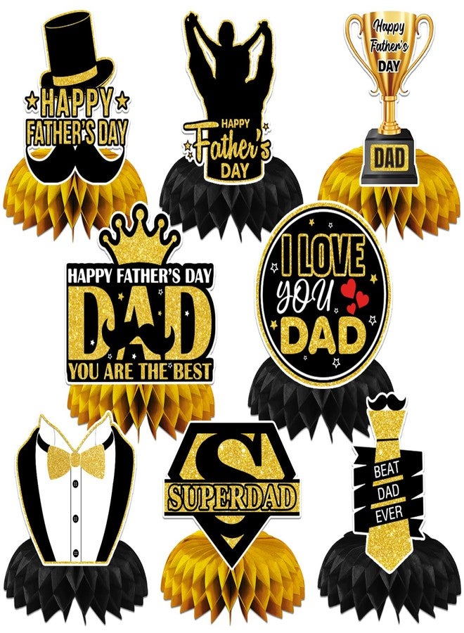 JULMELON 8PCS Fathers Day Party Decorations Honeycomb Centerpiece, 3D Double Side Happy Father's Day Centerpieces for Table Dad Birthday Party Decorations Supplies Black and Gold - Image 1