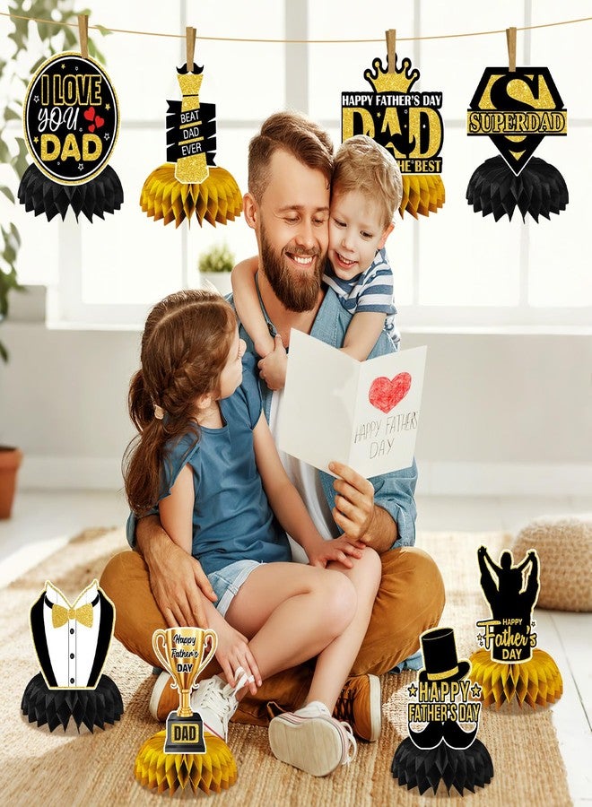 JULMELON 8PCS Fathers Day Party Decorations Honeycomb Centerpiece, 3D Double Side Happy Father's Day Centerpieces for Table Dad Birthday Party Decorations Supplies Black and Gold - Image 5