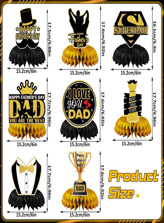 JULMELON 8PCS Fathers Day Party Decorations Honeycomb Centerpiece, 3D Double Side Happy Father's Day Centerpieces for Table Dad Birthday Party Decorations Supplies Black and Gold - Image 2