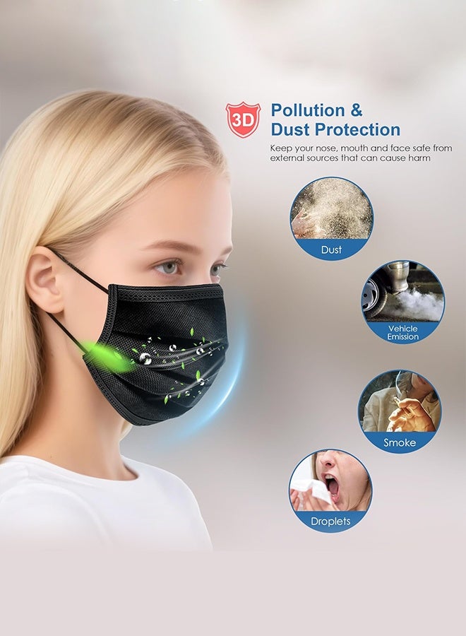 Sweet Life 100PCS Disposable Face Masks 4 Layers, Upgraded Black Mask with White Inside, Breathable Face Mask with Comfortable Wider Flat Elastic Ear Bands - Image 4