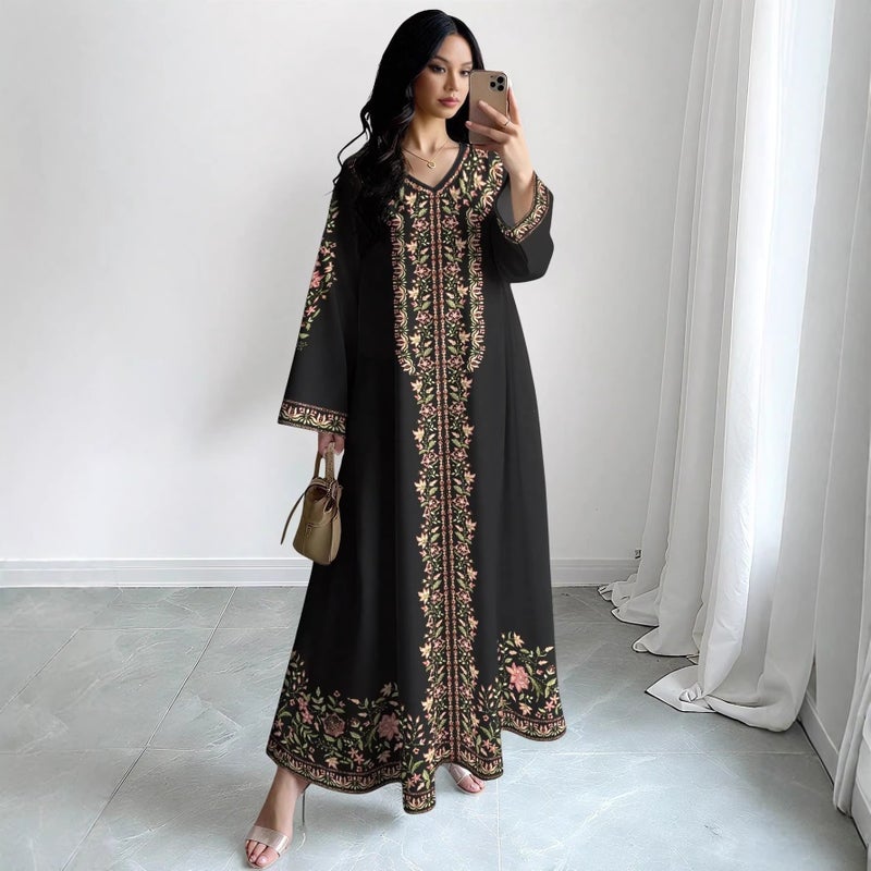Women's Floral Print Flared V-Neck Long Dress - Image 3