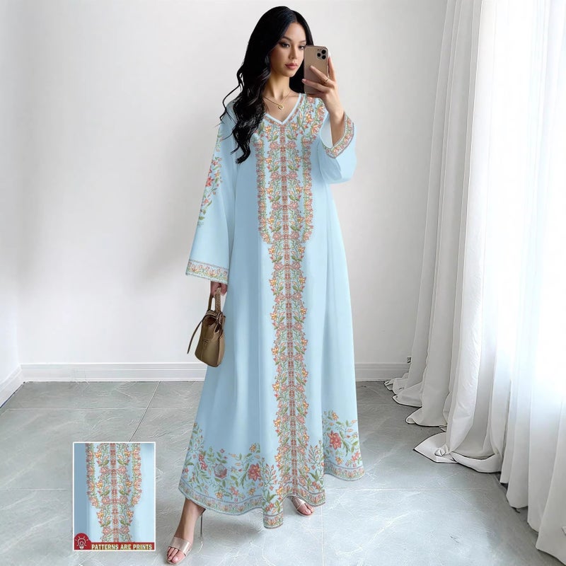 Women's Floral Print Flared V-Neck Long Dress - Image 2