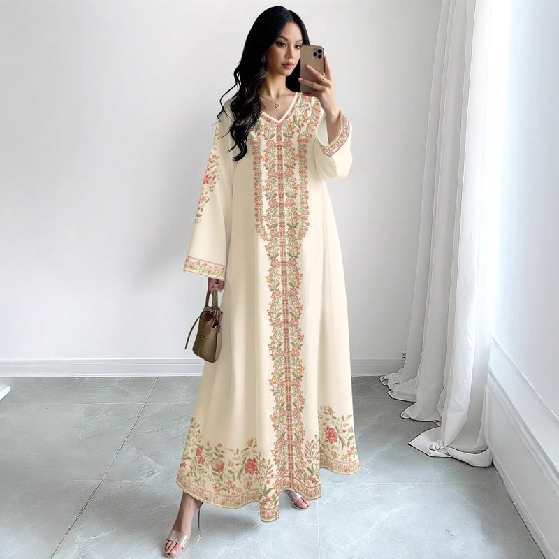 Women's Floral Print Flared V-Neck Long Dress - Image 1