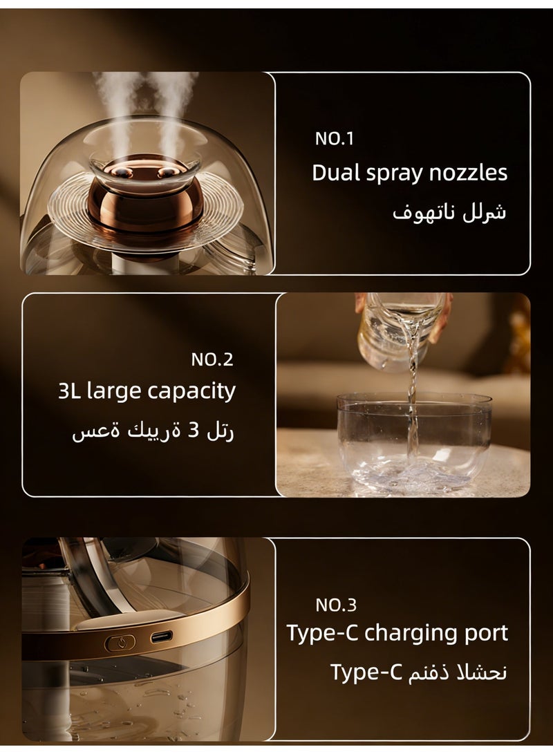 كرونايتي مرطب هواء بالموجات فوق الصوتية جهاز ترطيب بسعة 3 لترات مزود بضوء ليلي، ووظيفة ترطيب وتنقية مزدوجة الفوهة، وتشغيل هادئ لمدة 20 ساعة، إيقاف التشغيل التلقائي (شفاف) - Image 5