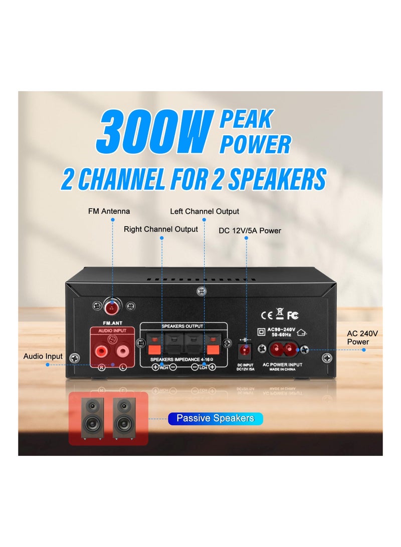 Stereo Audio Amplifier, 2 Channel Wireless Bluetooth Receiver Home Theater Amplifier Remote Control System Home Amplifiers Bluetooth Audio Receiver Home Theater System for FM Radio, USB, SD Card