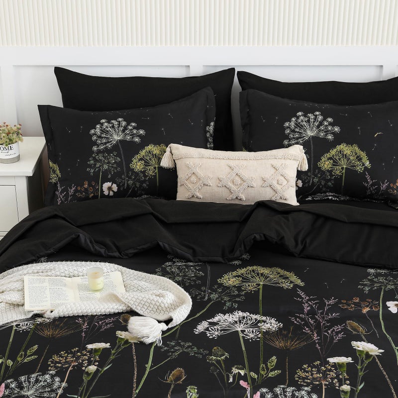 Yiran Queen Comforter Set, 7 Piece Black Dandelion Floral Comforter Bedding Set, Winter Bed in a Bag Queen, Soft Microfiber Complete Bedding Set with Sheets for All Season - Image 5