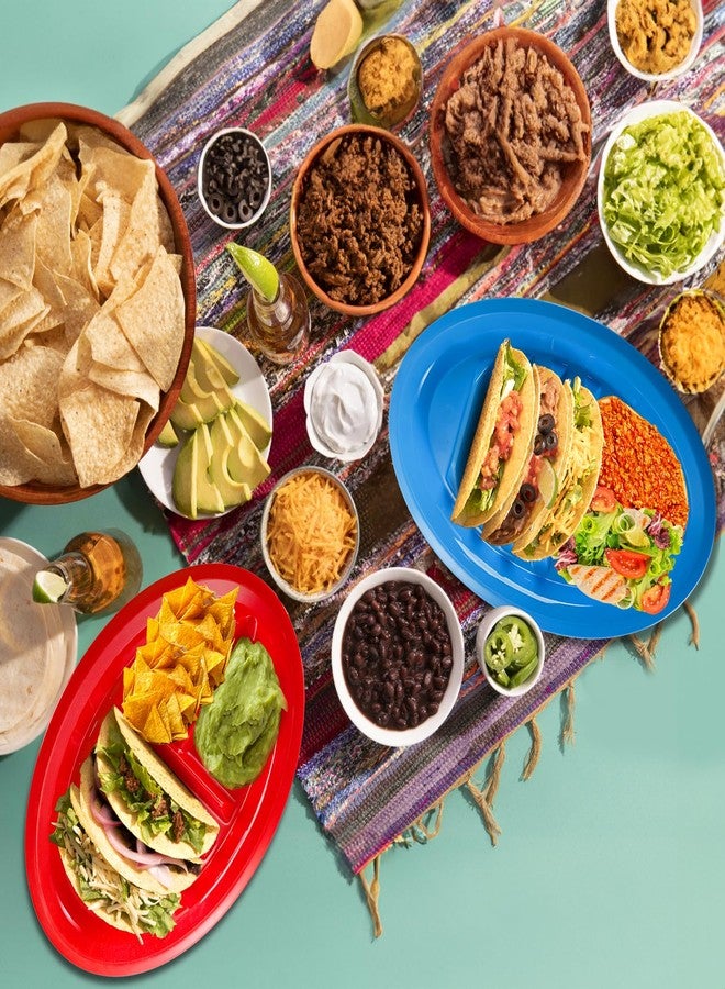 Bekith 10 Pack Plastic Taco Plates for Party, Large Taco Holder with 2 Dipping Areas, Colorful Taco Trays for Taco Night, Taco Tuesday, Stand Up Divider for 3 Tacos, BPA Free, Dishwasher Safe - Image 5